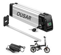 OUSAR Batería Bicicleta Eléctrica 48V, Batería Ebike 48V 15Ah con Cargador 2A, Batería Tipo Pez Plateada para Bici Plegable, Salida 4 Pines, Motor 50W-1000W, para Ciclismo Urbano Y Adulto