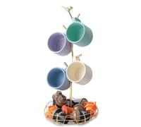 Ouseen Soporte de metal para tazas con forma de pájaro con cesta de almacenamiento, organizador de tazas de café de alambre decorativo para encimera, cocina, capacidad para 4 tazas grandes (dorado)