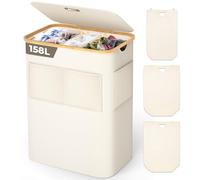 OUSFOT Cesto para La Colada con 3 Compartimentos para Ropa Sucia Mango de Bambú 158L Cesta para La Ropa Sucia Plegable de Malla Bolsillo Frontal con Tapa Beige