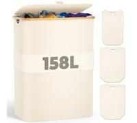 OUSFOT Cesto para la Ropa sucia 158L Cesto Ropa sucia con tapa con 3 Compartimentos con Tapa y Asas de bambú Cesto para la Ropa sucia Plegable Beige