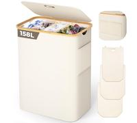 OUSFOT Cesto para la Ropa Sucia con 3 Compartimentos para Ropa Sucia Mango de Bambú 158L con Tapa Bolsillo Trasero de Malla Plegable Cesto para la Colada Beige