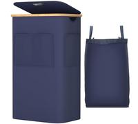 OUSFOT Cesto Ropa Sucia con Tapa 105L, Cubo Ropa Sucia con Asa de Bambú, Laundry Basket de Tejido Oxford 600D Impermeable con Bolsa Extraíble y Bolsillo Frontal, para Lavadero Dormitorio, Azul