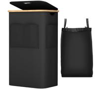 OUSFOT Cesto Ropa Sucia con Tapa 105L, Cubo Ropa Sucia con Asa de Bambú, Laundry Basket de Tejido Oxford 600D Impermeable con Bolsa Extraíble y Bolsillo Frontal, para Lavadero Dormitorio, Negro