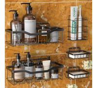 OUSFOT Estanteria de Ducha, 5 Piezas Estanteria Baño Sin Taladro Negro Estante Ducha Organizador Autoadhesivo Juego para Cocina, Baño, Soporte para Champú