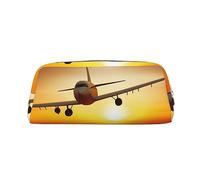OUSIKA Aircraft Plane at Sunset - Estuche de piel para lápices, neceser de viaje, bolsa de cosméticos, bolsa de almacenamiento diario para mujer, Gold, Talla única