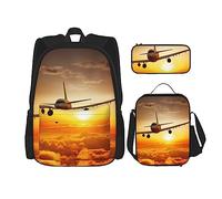OUSIKA Aircraft Plane At Sunset Print - Mochila casual de 3 piezas, lonchera y estuche para viajes, color negro, talla única, mochila, casual, viajes, Black, Talla única, Mochila, casual, viaje