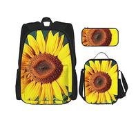OUSIKA Bloom - Mochila con estampado de girasoles, 3 piezas, estilo casual, caja de almuerzo, juego de combinación para viajes, color negro, talla única, mochila casual, Black, Talla única, Mochila,