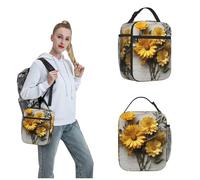 OUSIKA Bolsa de almuerzo plana con flores amarillas para mujeres y hombres, reutilizable, aislada, bolsa de almuerzo de viaje, bolsa de almuerzo portátil, bolsa de almuerzo para trabajo, picnic,