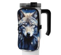 OUSIKA Bolsa de mano para botella de agua con estampado de cabeza de lobo sobre fondo azul, bolsa de mano, bolsa de accesorios para bebidas, bolsa con cremallera, bolsa para cinturón para hombres y