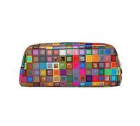 OUSIKA Bolsa de maquillaje de piel con cuadrados coloridos, neceser de viaje, neceser de cosméticos, bolsa de almacenamiento diario para mujeres, Gold, Talla única