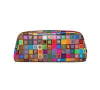 OUSIKA Bolsa de maquillaje de piel con cuadrados coloridos, neceser de viaje, neceser de cosméticos, bolsa de almacenamiento diario para mujeres, Silver, Talla única