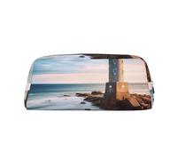 OUSIKA Bolsa de maquillaje de piel con diseño de faro de playa, neceser de viaje, bolsa de cosméticos para almacenamiento diario para mujeres, Silver, Talla única