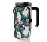 OUSIKA Bolsa para botella de agua con estampado de perro blanco y flores, bolsa de mano, bolsa de mano, bolsa de accesorios para bebidas, bolsa con cremallera, bolsa para cinturón para hombres y