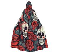OUSIKA Capa unisex con capucha de Halloween de longitud completa, calaveras de azúcar y rosas rojas, capa de bruja para disfraz de Halloween