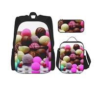 OUSIKA Color Sugar Print - Mochila casual de 3 piezas, para almuerzo, estuche para lápices, juego de viaje, color negro, talla única, Black, Talla única