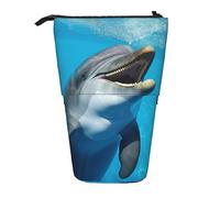 OUSIKA Estuche de lápices de pie con cara sonriente de delfines, bonito estuche telescópico para lápices, soporte para bolígrafos, bolsa de maquillaje para regalo, Black, Talla única, Bolsa para