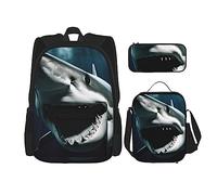 OUSIKA Juego de 3 mochilas con estampado de tiburón, para almuerzo, estuche para lápices, para viajes, color negro, talla única, casual, viajes, Black, Talla única, Mochila, casual, viaje