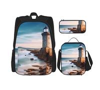 OUSIKA Juego de 3 mochilas informales con estampado de faro de playa, lonchera, estuche para lápices, para viajes, color negro, talla única, mochila, casual, viajes, Black, Talla única, Mochila,