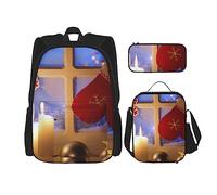 OUSIKA Juego de 3 mochilas informales con estampado de Feliz Navidad para fiestas, lonchera, estuche para lápices, para viajes, color negro, talla única, mochila, casual, viajes, Black, Talla única,