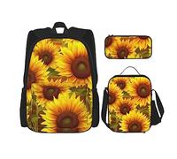 OUSIKA Juego de 3 mochilas informales con estampado de girasoles, lonchera, estuche para lápices, para viajes, color negro, talla única, mochila casual, viajes, Black, Talla única, Mochila, casual,