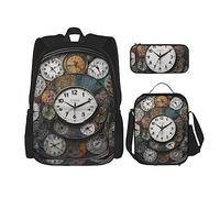 OUSIKA Juego de 3 piezas de mochila casual con estampado artístico de reloj, caja de almuerzo, estuche para lápices, para viajes, color negro, talla única, mochila, casual, viajes, Black, Talla única,