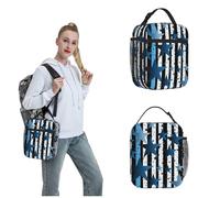 OUSIKA Lonchera con diseño de rayas y estrellas, color azul, negro y blanco para mujeres y hombres, reutilizable, aislada, bolsa de almuerzo de viaje, bolsa de almuerzo portátil para el trabajo,