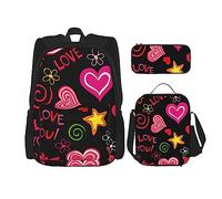 OUSIKA Love Hearts Print - Mochila casual de 3 piezas, para almuerzo, estuche para lápices, para viajes, color negro, talla única, Black, Talla única