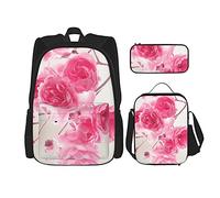 OUSIKA Mochila casual con estampado de flores rosas, 3 piezas, para almuerzo, estuche para lápices, para viajes, color negro, talla única, Black, Talla única