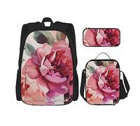 OUSIKA Mochila casual con estampado de flores y rosas rosas, juego de 3 piezas para viajes, color negro, talla única, Black, Talla única