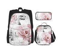 OUSIKA Mochila casual con estampado de hojas grises y flores rosadas, juego de 3 piezas para viajes, gris, rosa, talla única, mochila, casual, viajes, Gris, rosa, Talla única, Mochila, casual, viaje