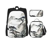 OUSIKA Mochila casual con estampado de montaña y pino, 3 piezas, para viajes, color negro, talla única, mochila casual, viajes, Black, Talla única, Mochila, casual, viaje