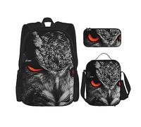 OUSIKA Mochila casual con estampado de ojos de búho, 3 piezas, para almuerzo, estuche para lápices, para viajes, color negro, talla única, Black, Talla única