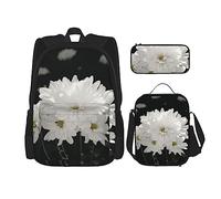 OUSIKA Mochila con estampado de flores blancas, 3 piezas, estilo casual, para almuerzo, estuche para lápices, para viajes, color negro, talla única, Black, Talla única