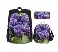 OUSIKA Mochila con estampado de flores moradas de 3 piezas para llevar el almuerzo, estuche para lápices, ideal para viajes, color negro, talla única, informal, viajes, Black, Talla única, Mochila,