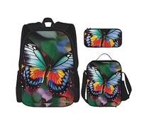 OUSIKA Mochila con estampado de mariposas coloridas, 3 piezas, casual, lonchera, estuche, juego de combinación para viajes, negro, talla única, mochila, casual, viajes, Black, Talla única, Mochila,