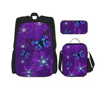 OUSIKA Mochila con estampado de mariposas moradas de 3 piezas para uso diario, lonchera y lápices, juego de combinación para viajes, color negro, talla única, mochila casual, viajes, Black, Talla