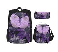 OUSIKA Mochila con estampado de mariposas moradas de 3 piezas para uso diario, lonchera y lápices, juego de combinación para viajes, color negro, talla única, mochila casual, viajes, Black, Talla