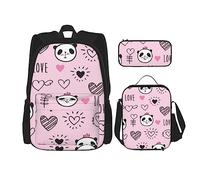 OUSIKA Mochila con estampado de panda rosa, 3 piezas, casual, lonchera y estuche para viajes, color negro, talla única, Black, Talla única