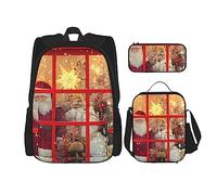 OUSIKA Mochila con estampado de Papá Noel, 3 piezas, estilo casual, para almuerzo, estuche para lápices, para viajes, color negro, talla única, Black, Talla única