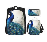 OUSIKA Mochila con estampado de pavo real azul de 3 piezas, paquete de 3 piezas, bolsa de almuerzo, estuche combinado para viajes, azul, talla única, mochila, casual, viajes, Blue, Talla única,