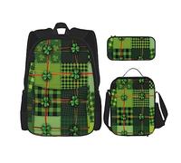 OUSIKA Mochila con estampado de retazos de 3 piezas, mochila casual, lonchera y estuche para lápices, juego de combinación para viajes, color negro, talla única, Black, Talla única