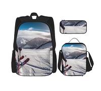 OUSIKA Mochila de 3 piezas con estampado de esquí de invierno, bolsa de almuerzo, estuche combinado, para viajes, color negro, talla única, mochila, casual, viajes, Black, Talla única, Mochila,