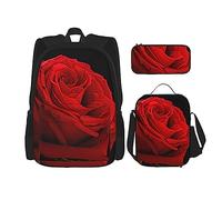 OUSIKA Mochila de 3 piezas con estampado de fondo negro y rosa roja para el día y el almuerzo, estuche combinado para viajes, color negro, talla única, mochila, casual, viajes, Black, Talla única,
