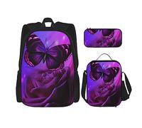 OUSIKA Mochila de 3 piezas con estampado de mariposas moradas y flores, bolsa de almuerzo, juego de combinación para viajes, negro, talla única, mochila casual, viajes, Black, Talla única, Mochila,