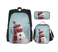 OUSIKA Mochila de 3 piezas con estampado de muñeco de nieve navideño, bolsa de almuerzo, estuche combinado para viajes, color negro, talla única, mochila, casual, viajes, Black, Talla única, Mochila,