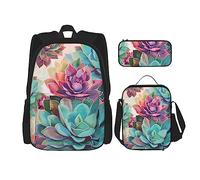 OUSIKA Mochila de 3 piezas con estampado de suculentas coloridas, paquete de lonchera casual para viajes, negro, talla única, mochila, casual, viajes, Black, Talla única, Mochila, casual, viaje
