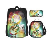 OUSIKA Mochila informal con estampado de símbolos de música abstracta, 3 piezas, caja de almuerzo, estuche combinado para viajes, color negro, talla única, Black, Talla única