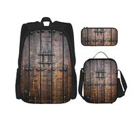 OUSIKA Mochila rústica con estampado de puerta de madera, 3 piezas, mochila casual, lonchera y estuche, juego de combinación para viajes, negro, talla única, mochila, casual, rústico, viajes, Black,