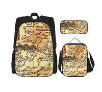 OUSIKA Old Treasure Map Print - Mochila casual de 3 piezas para el almuerzo, estuche para lápices, juego de viaje, color negro, talla única, mochila casual, viajes, Black, Talla única, Mochila,