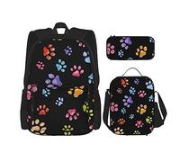 OUSIKA Pawful Paws Print Print - Mochila casual de 3 piezas para almuerzo, estuche de lápices para viajes, color negro, talla única, Black, Talla única